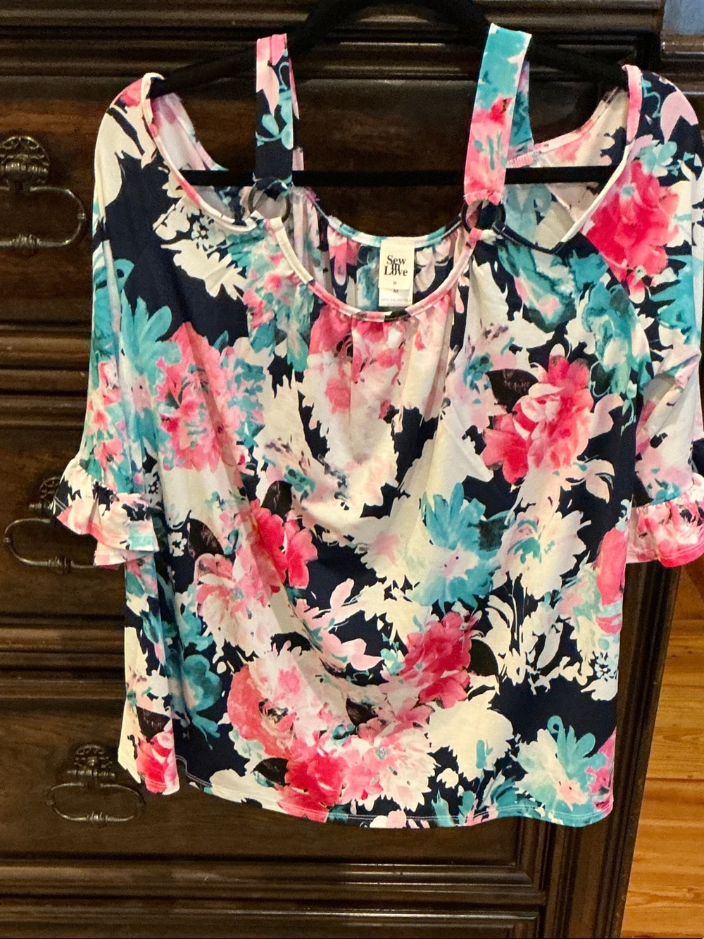 Sew In Love Cold-Shoulder Floral Blouse in Navy, Pink and Aqua